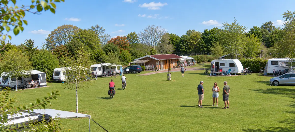 Het grasveld van Camping de Kei met caravans, fietsende en pratende gasten op een zonnige dag