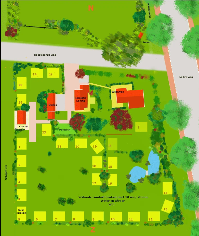 Lageplan von Camping de Kei mit den nummerierten Stellplätzen, dem Sanitärgebäude und dem Teich