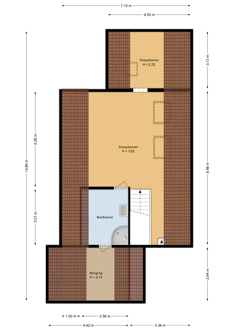 Plattegrond van de eerste verdieping, met twee slaapkamers, de badkamer en de berging