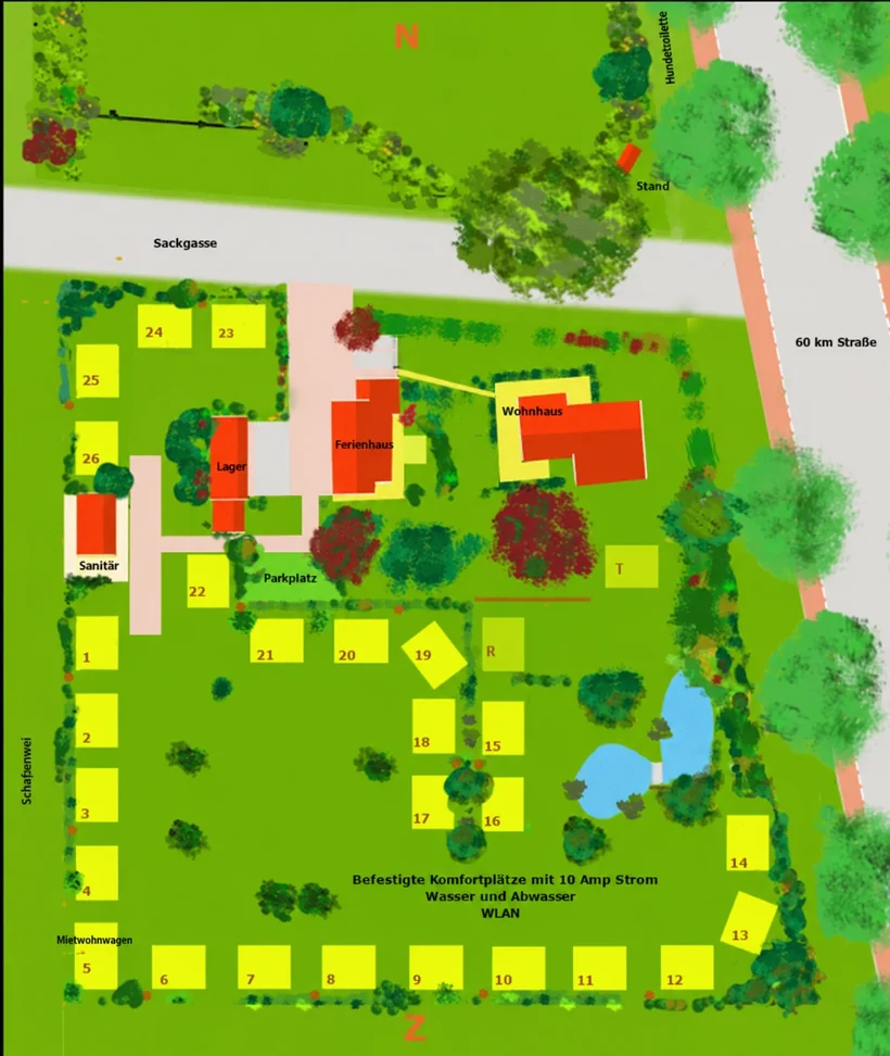 Lageplan von Camping de Kei mit den nummerierten Stellplätzen, dem Sanitärgebäude und dem Teich